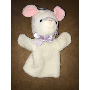 Kids II Lamb Sheep White Plush Hand Puppet Purple Bow Pink Ears Stuffed Animal